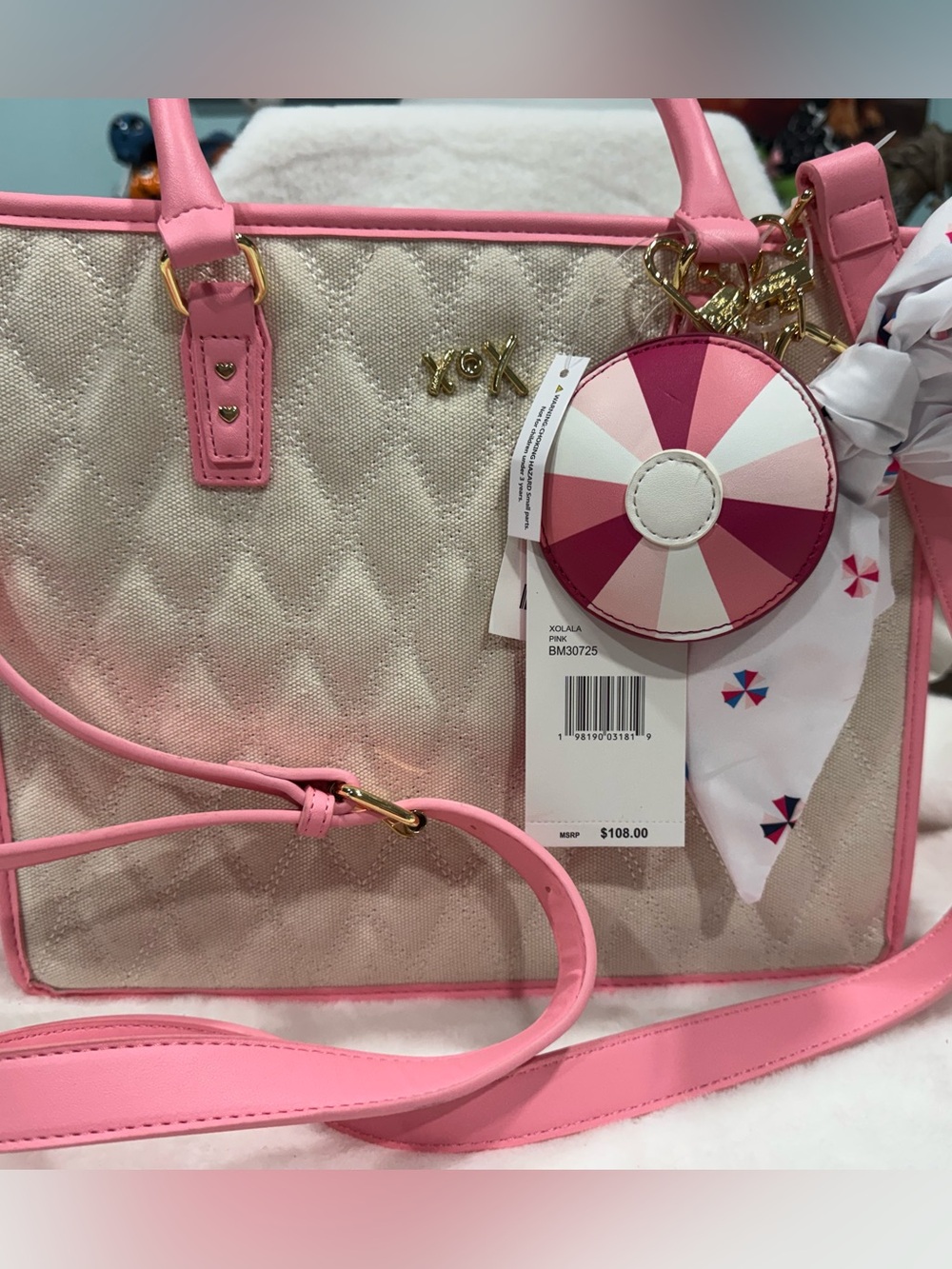 NWT Betsey Johnson Quilted Tote with Pink Trim and Pink Accent Charm